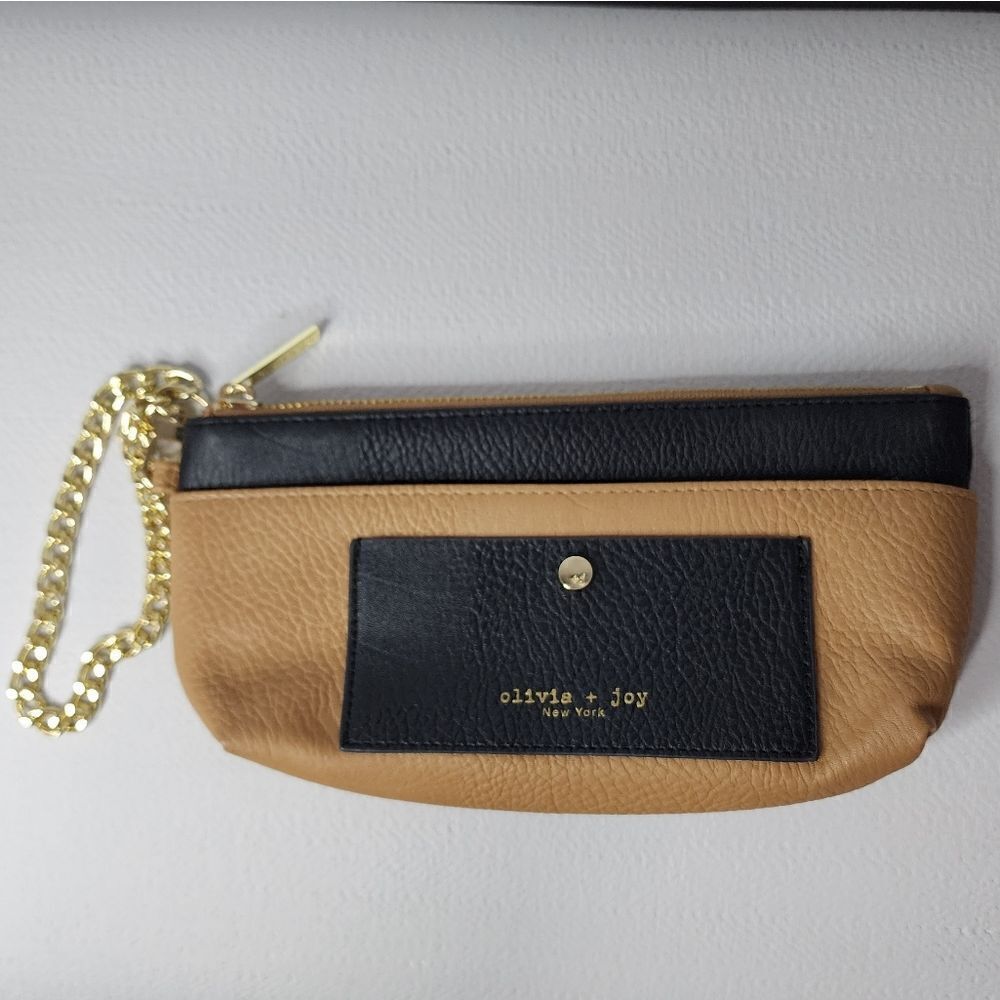 Olivia + Joy Black/Taupe chain Wristlet Zip around Clutch Handbag